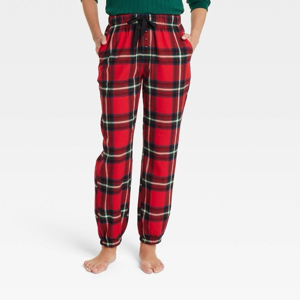 Women's Plaid Flannel Jogger Pants - Stars Above Red Tartan Lurex XL